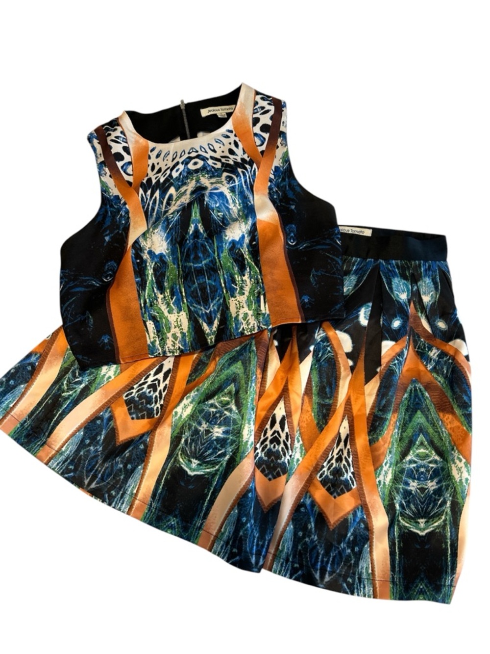 Jealous Tomato Blue Orange Multicolor Printed Cropped Top & Skirt Set